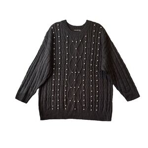 Lane Bryant Sweater Plus 22/24 Black Faux Pearl Cable Knit Crewneck NWT Coquette